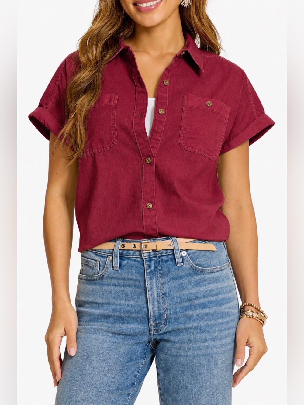 🌟CLEARANCE🌟 Tommy Bahama Burgundy Coastal Cotton Twill Short Sleeve Button Up S